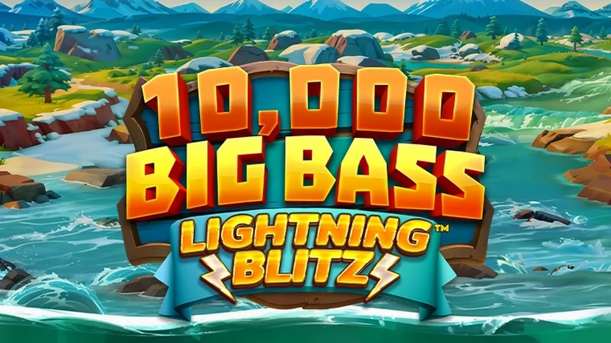 Interface do jogo 10,000 Big Bass Lightning Blitz com tema de pesca e raios