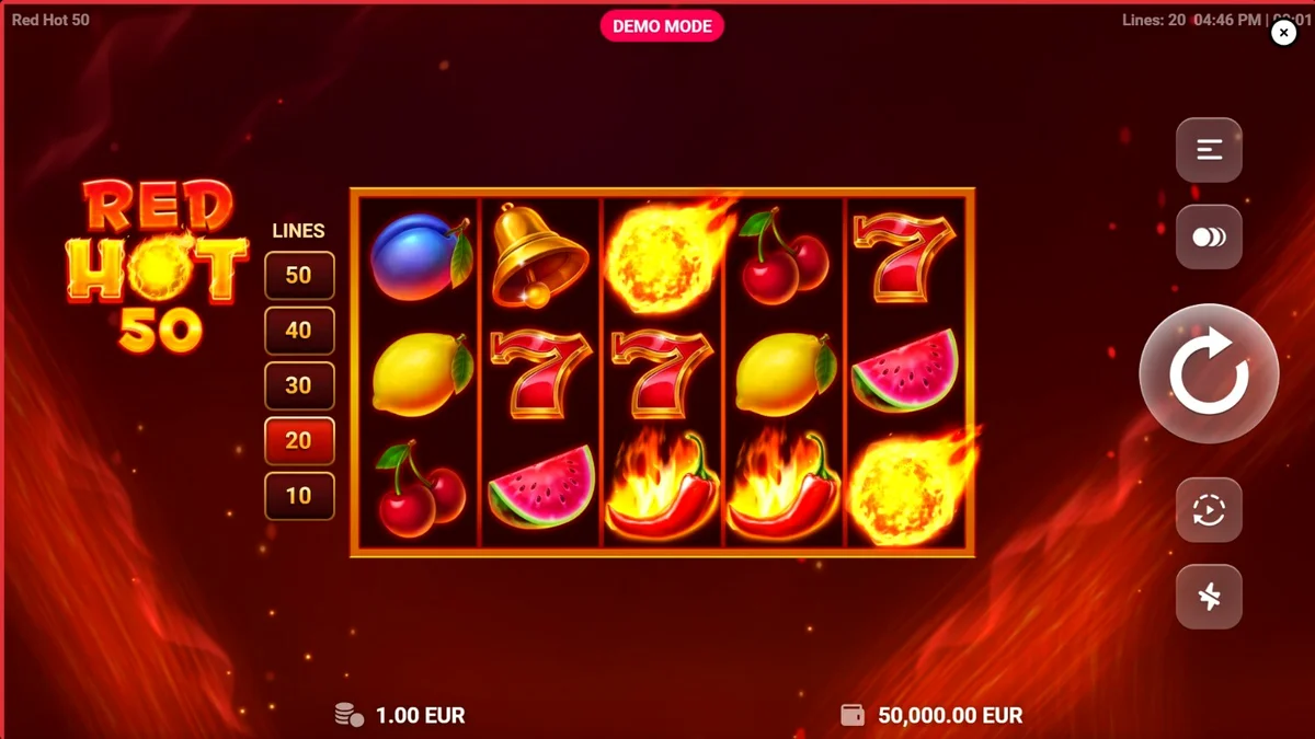 Interface vibrante e ardente do slot Red Hot 50 com símbolos de frutas e fogo