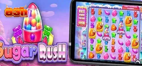 Interface colorida e vibrante do jogo de slot Sugar Rush com doces e multiplicadores.